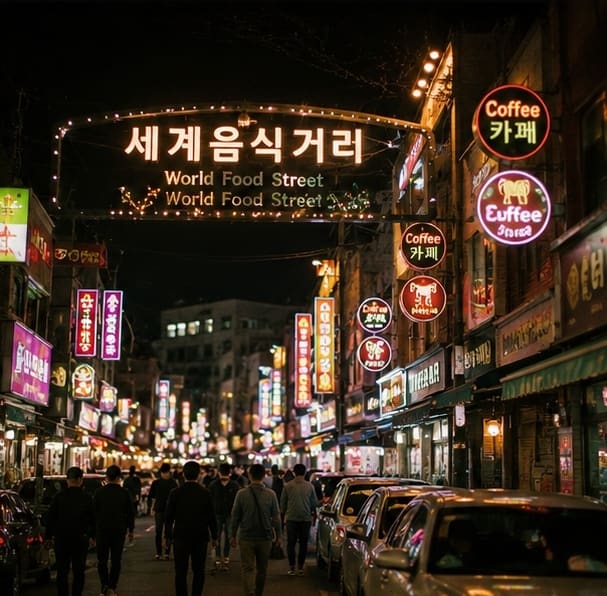 thename2008이 밤에 다시 들른 이 거리는 '세계음식거리 World Food Street'라고 적힌 아치 아래로 네온 간판이 켜지며 낮과는 완전히 다른 얼굴이 됐다.