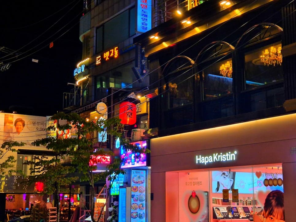 네온 간판과 조명이 켜진 밤의 골목입니다. 낮과는 전혀 다른 얼굴로, 늦은 시간까지 사람들의 발길이 이어집니다.