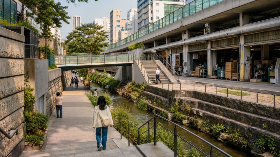 짐을 실은 손수레와 사람이 뒤섞여 걷는 골목, 비 온 뒤 젖은 길을 걷는 모습입니다. 물건이 먼저인 이 거리의 동선을 보여줍니다.