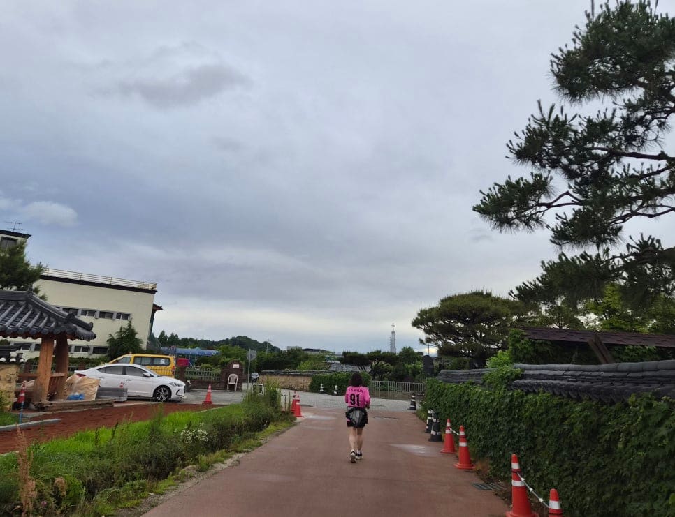 해 질 녘 마을을 한 바퀴 돌며 담은 사진입니다. 담쟁이 넝쿨 위로 줄지어 걸린 전구와 그 너머 기와지붕, 그리고 다음 날 아침 마을 길을 달리는 뒷모습입니다.
