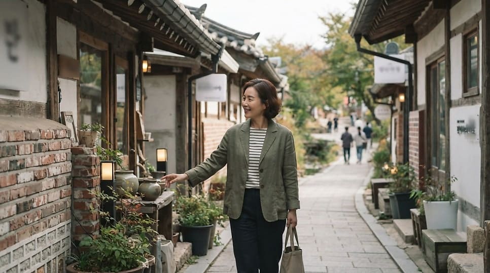 tour3050이 촬영한 제민천변 골목입니다. 카페 창가에서 내다본 하천길 풍경과, 그 위를 걷는 사람의 뒷모습을 담았습니다.