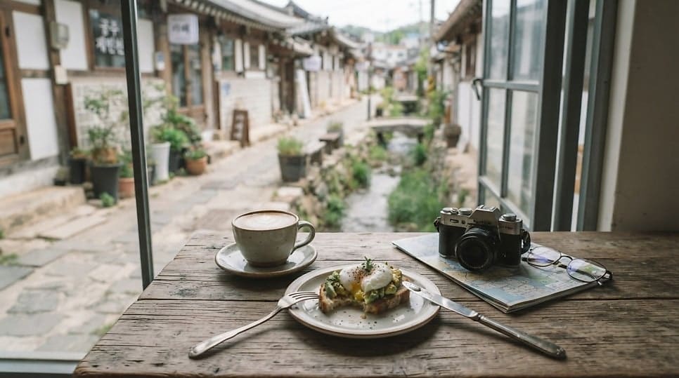 tour3050이 촬영한 제민천변 골목입니다. 카페 창가에서 내다본 하천길 풍경과, 그 위를 걷는 사람의 뒷모습을 담았습니다.