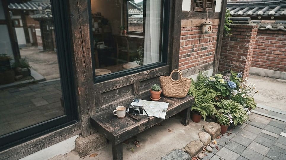 tour3050이 촬영한 골목 풍경입니다. 카페 창가 나무 벤치에 지도와 필름카메라가 놓여 있고, 버드나무 그늘 아래로는 한복을 갖춰 입은 사람이 천천히 걸어갑니다.