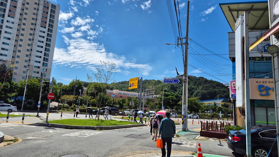 같은 날 금오산 방향으로 걸어가며 담은 교차로입니다. 횡단보도 너머로 산자락이 바로 올려다보여, 이 길이 역과 산 사이에 짧게 걸쳐 있다는 걸 한눈에 보여줍니다.