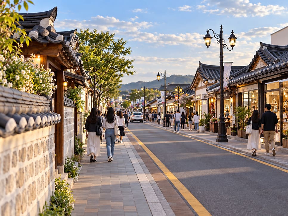 meili_rmi가 담은 황리단길 낮의 풍경입니다. 한옥 처마 아래로 이어지는 메인 거리와, 그 안쪽으로 꺾어 들어가는 더 좁은 골목을 함께 보여줍니다.