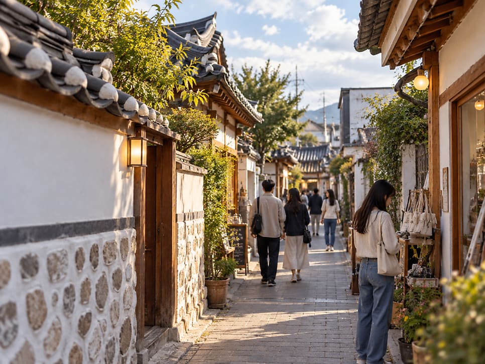 meili_rmi가 담은 황리단길 낮의 풍경입니다. 한옥 처마 아래로 이어지는 메인 거리와, 그 안쪽으로 꺾어 들어가는 더 좁은 골목을 함께 보여줍니다.