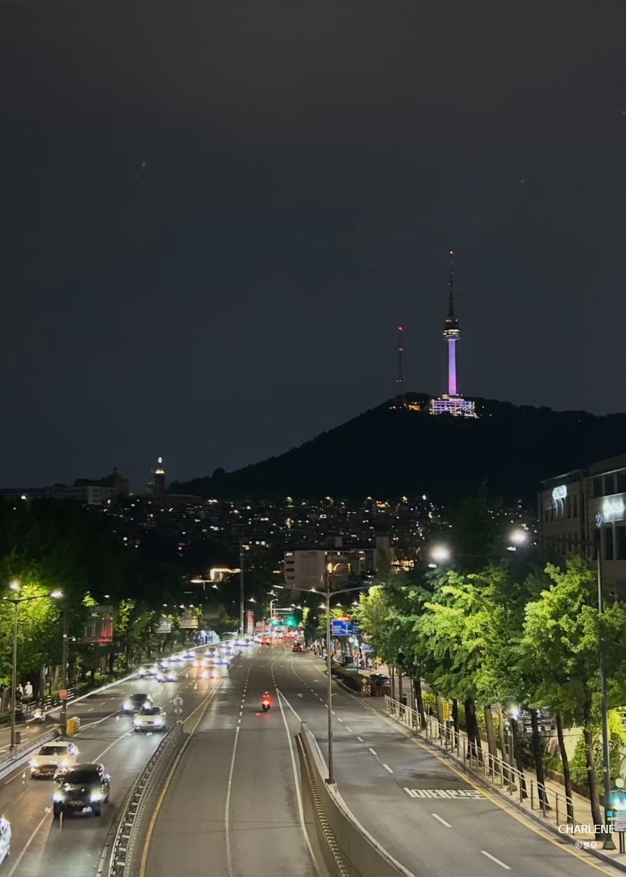 charlene77이 촬영한 회나무로 언덕 위 루프탑에서 바라본 노을과 밤의 도심 풍경입니다. 능선 너머로 남산타워가 보이는 시간대별 야경을 담았습니다.