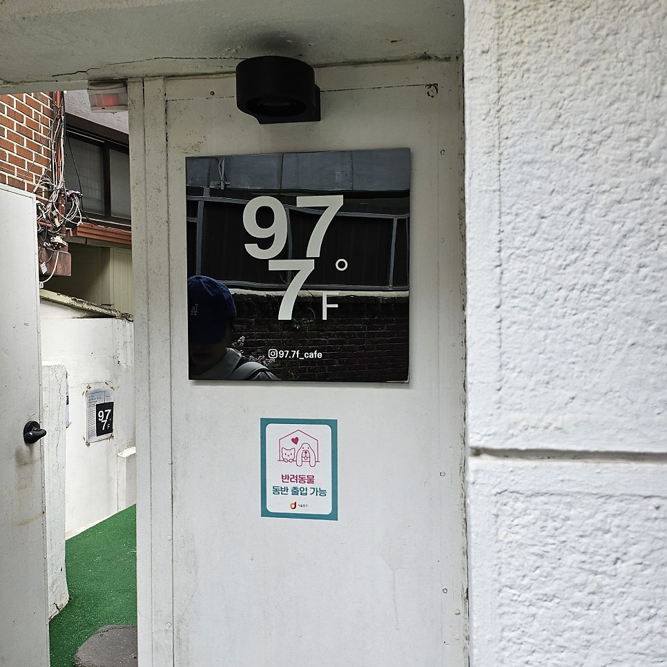 egeg0721이 촬영한 출입문의 안내 스티커와 지하로 내려가는 계단입니다. 반려동물 동반 출입이 가능하다는 표시 아래로,