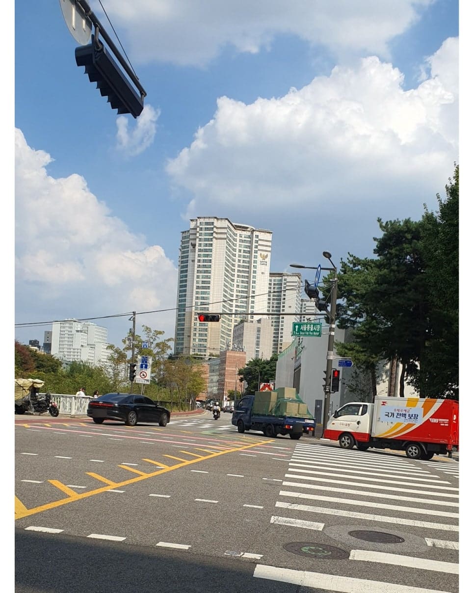 jsyou2994가 촬영한 청계천 교차로와 만물상 골목 입구입니다. 신호등 옆 이정표가 서울풍물시장 방향을 가리키고 있어, 지금은 다른 동네에 있는 그 시장의 흔적을 보여줍니다.