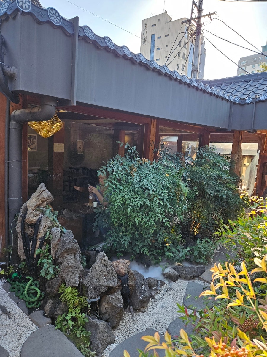 phl000은 익선동 골목을 걷다가 이 집의 정원부터 감탄했습니다. 소나무 한 그루가 기와지붕 아래로 늘어진 외관과, 바위틈에서 흰 연기가 피어오르는 노천 자리를 함께 담았습니다.