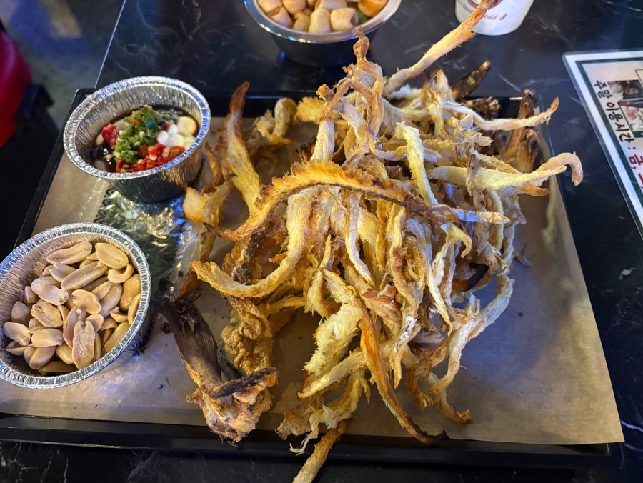 again__은 선선한 가을 저녁 안쪽 자리에 앉았습니다. 고리 모양 과자 안주 한 그릇과, 땅콩·양념장을 곁들인 먹태 한 접시를 남겼습니다.