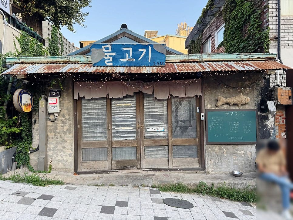 hoooony88이 남긴 사진입니다. 담쟁이덩굴 사이로 물고기 간판이 걸린 외관과, 시멘트 블록 벽에 짝이 맞지 않는 빈티지 의자들이 놓인 실내를 담았습니다.