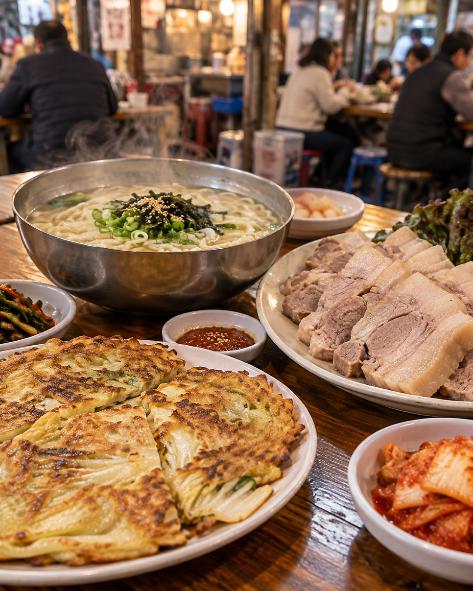 thederuwa가 경동시장 안 노포 식당에서 받은 상차림을 기록했습니다. 손칼국수와 보쌈, 빈대전을 한 상에 올린 사진과 연탄불에 구운 돼지갈비를 따로 담은 사진입니다.