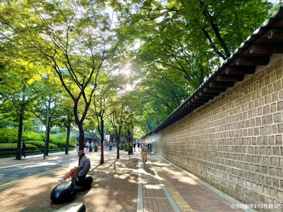 왼쪽은 덕수궁 돌담을 따라 이어지는 정동길 보행로를 넓게 담은 장면으로, 가로수 그늘 아래 벤치에 앉은 사람과 산책하는 시민들이 보인다.