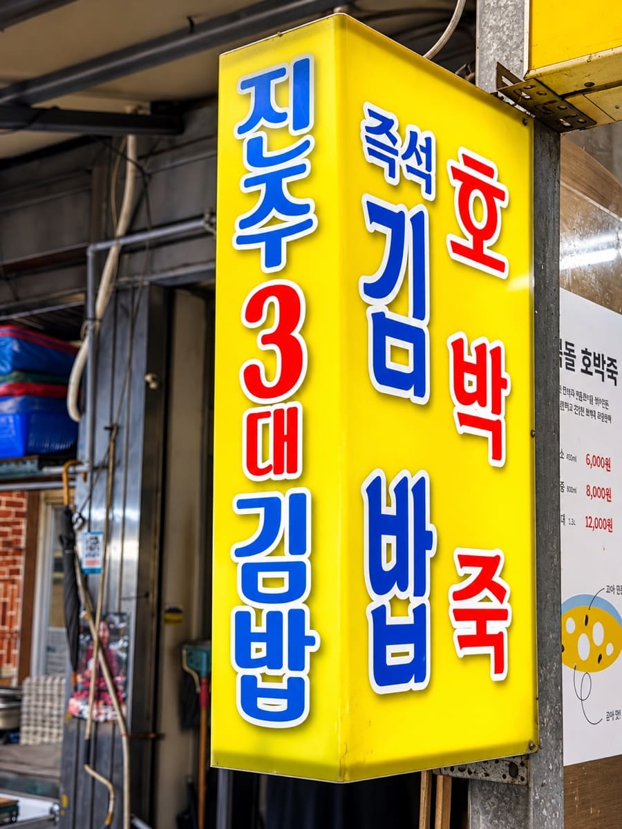 ourfour_log는 빨간 바탕에 '통큰김밥'이라 큼직하게 쓰인 간판과, 그 옆 노란 세로 간판에 적힌 '진주 3대 김밥'이라는 문구를 나란히 찍었습니다.