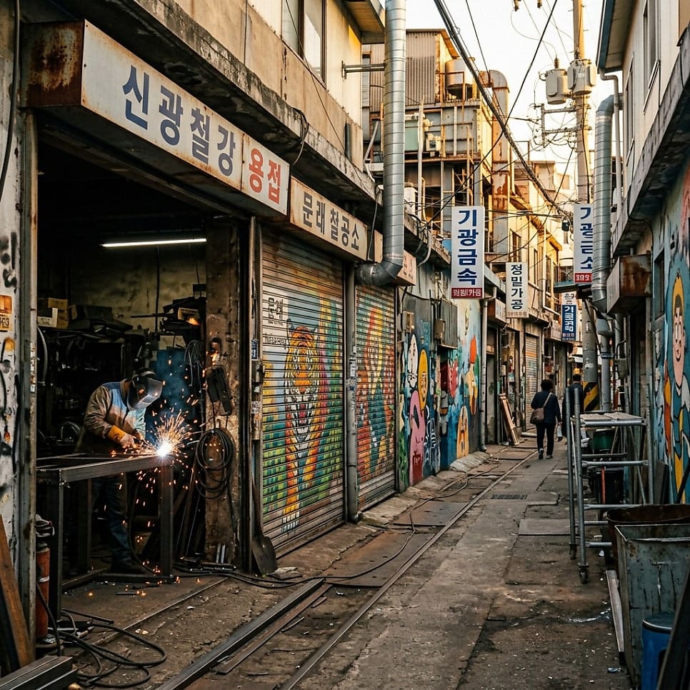 평일 낮, 셔터가 올라간 철공소에서 누군가 작업하고 있는 장면입니다. 블로거는 이 시간의 문래동을 기록했습니다.
