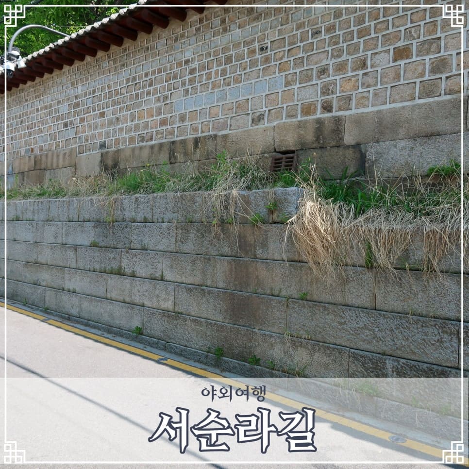 밝은 낮, 골목의 입구가 완전히 열려 있다. 종묘의 높은 담장과 골목 너머의 현대식 건물이 한 프레임에 들어온다.