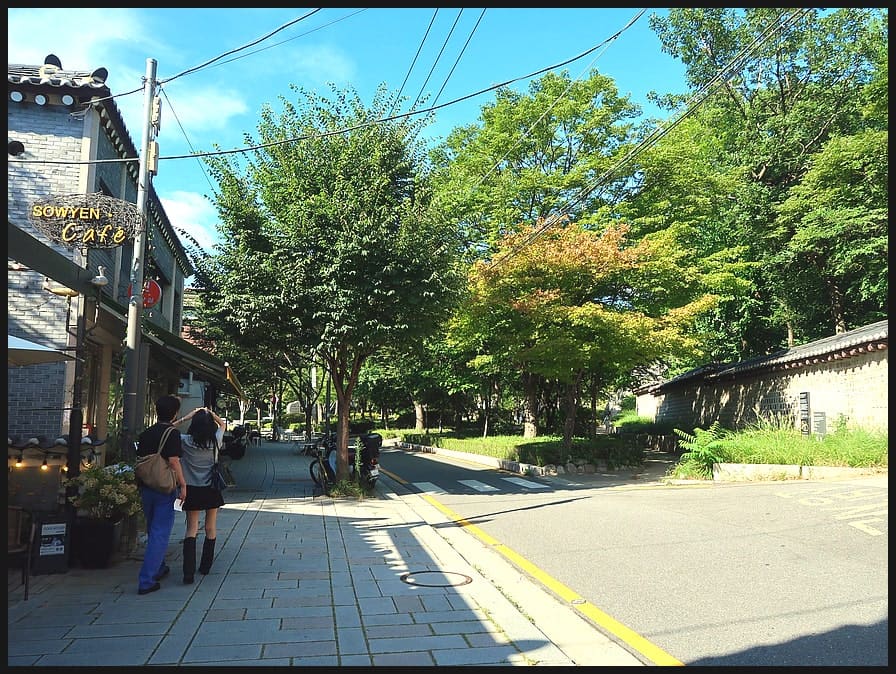 골목의 중앙을 가득 메운 현대식 건물이 오른쪽의 종묘 돌담과 나란히 선다. 이 대비가 서순라길의 변화를 압축해 보여준다. 규제가 풀렸을 때 개발의 물결이 여기까지 밀려왔지만,