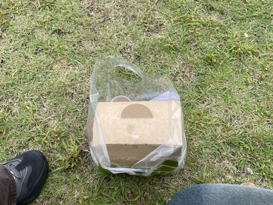 포장해 온 김밥을 서울숲 잔디밭에 내려놓은 사진입니다. 요즘 날씨에 딱이었다며 서울숲 피크닉 메뉴로 추천한다고 적었습니다.