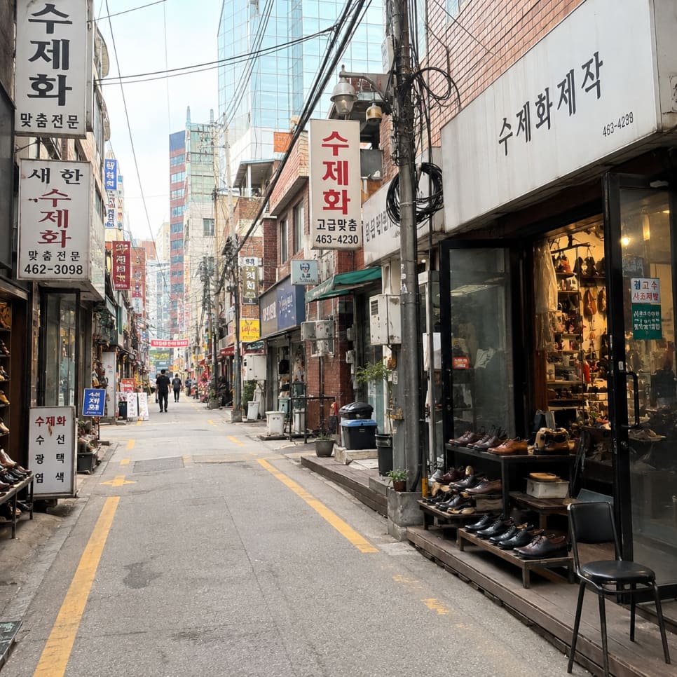 빌딩숲을 등지고 산책로를 걷는 사람들과, 나란히 늘어선 수제화거리의 간판들입니다. 공원과 골목이 서로 다른 속도로 이 동네를 채우고 있다고 블로거는 적었습니다.