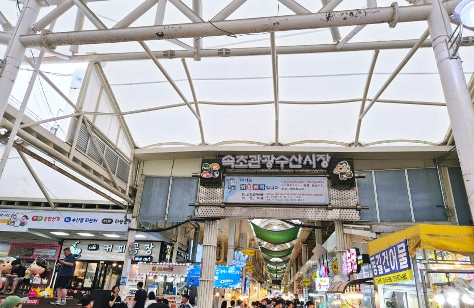 jy841215가 올려다보며 찍은 현판에는 '여기는 닭전골목입니다'라는 문장이 영문 'Dak-jeon(Dak-Gang-Jeong) Alley'와 나란히 적혀 있습니다.
