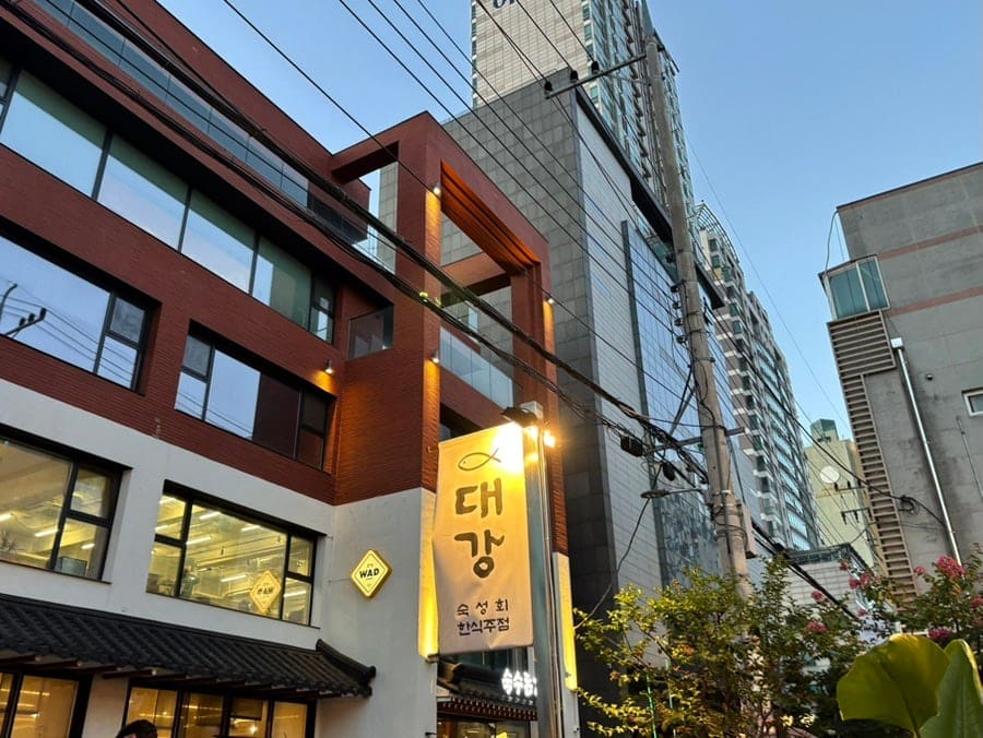 joxvizx가 촬영한 송리단길의 모퉁이 건물입니다. 낮과 저녁, 서로 다른 시간대의 얼굴을 함께 담아 이 골목이 하루 동안 어떻게 표정을 바꾸는지 보여줍니다.
