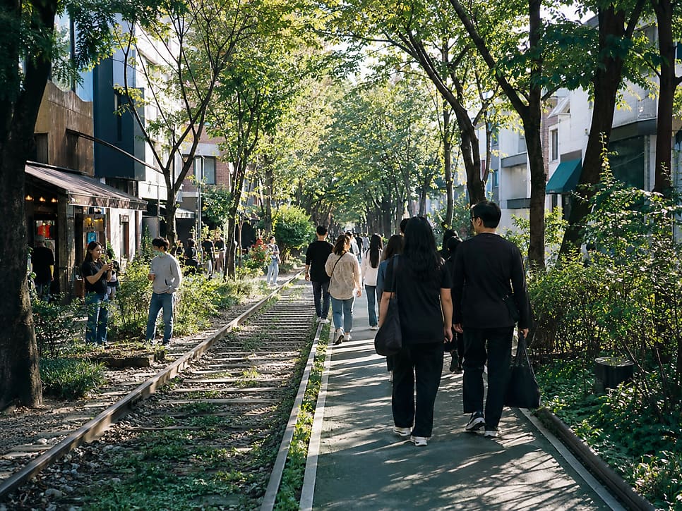 경의선숲길의 옛 철길 자리를 따라 걷는 사람들과, 그 옆 골목으로 이어지는 카페 거리입니다. 공원과 골목이 하나로 이어진다고 블로거는 적었습니다.
