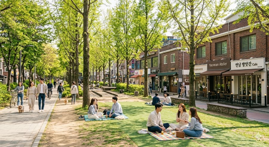 벤치에 앉아 신발끈을 고쳐 매는 사람 뒤로, 저 멀리 카페 간판을 향해 걸어가는 사람들의 뒷모습이 보입니다.